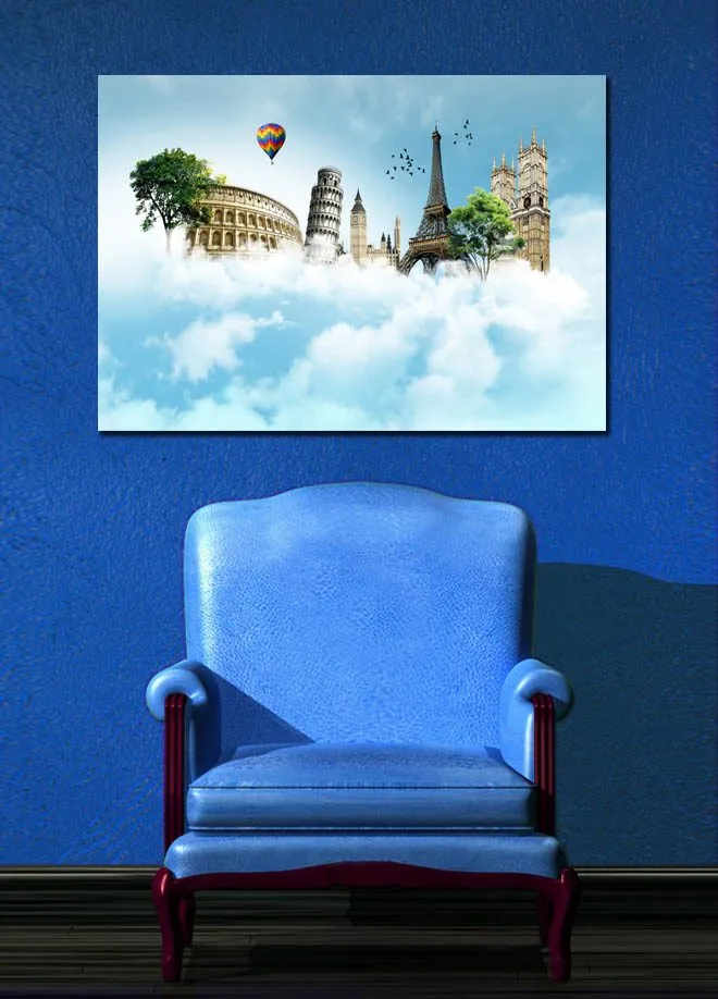 Lerretsbilde 70x100 cm - Fantasifullt landskap med berømte bygninger som svever blant skyer - Blå / Grønn / Hvit - Innredning - Bilder & kunst - Lerretsbilder