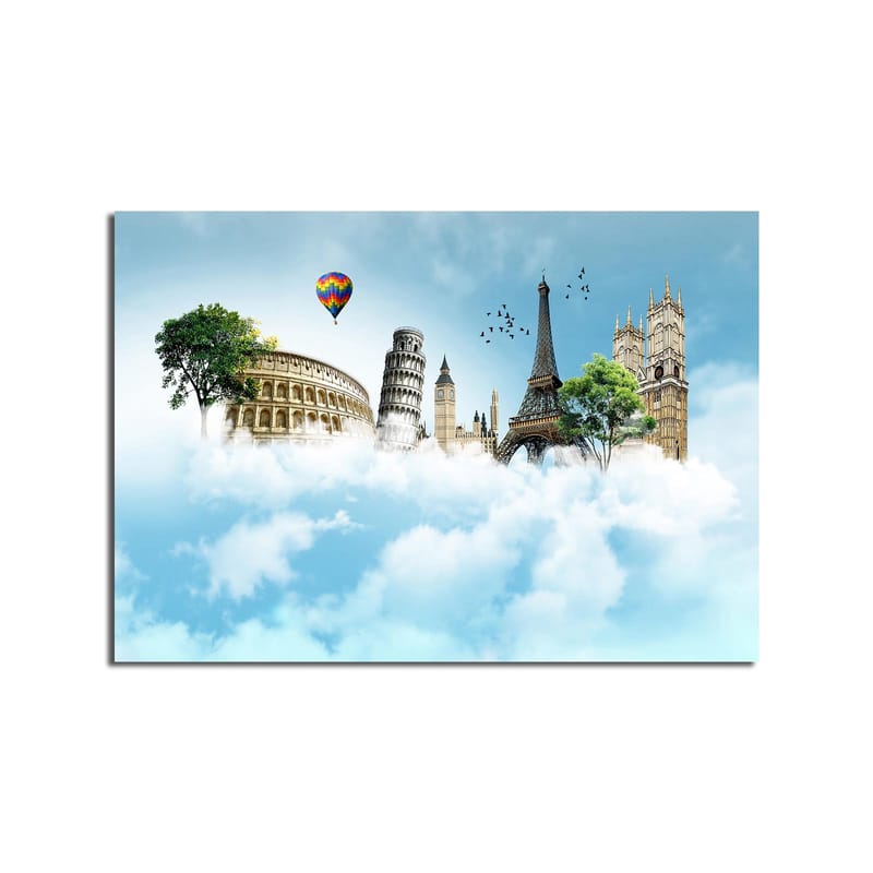 Lerretsbilde 70x100 cm - Fantasifullt landskap med berømte bygninger som svever blant skyer - Blå / Grønn / Hvit - Innredning - Bilder & kunst - Lerretsbilder