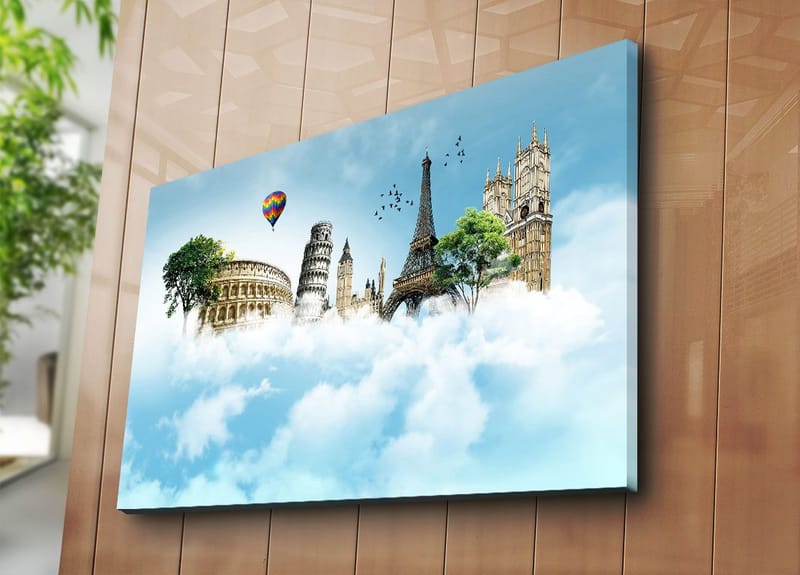 Lerretsbilde 70x100 cm - Fantasifullt landskap med berømte bygninger som svever blant skyer - Blå / Grønn / Hvit - Innredning - Bilder & kunst - Lerretsbilder