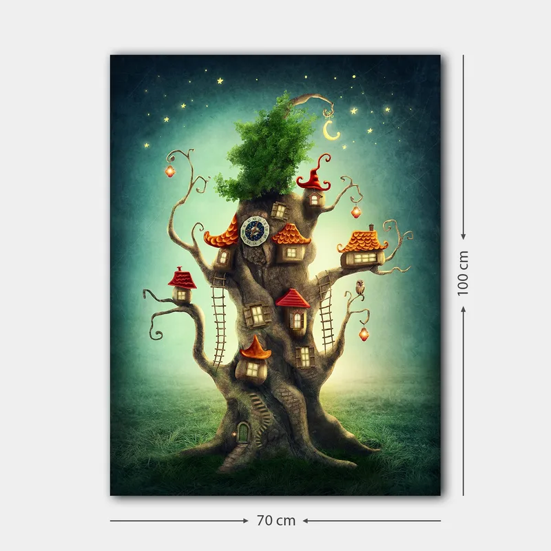 Lerretsbilde 70x100 cm - Fantasifullt trebilde med små hus og en frodig krone - Brun / Grønn / Rød - Innredning - Bilder & kunst - Lerretsbilder