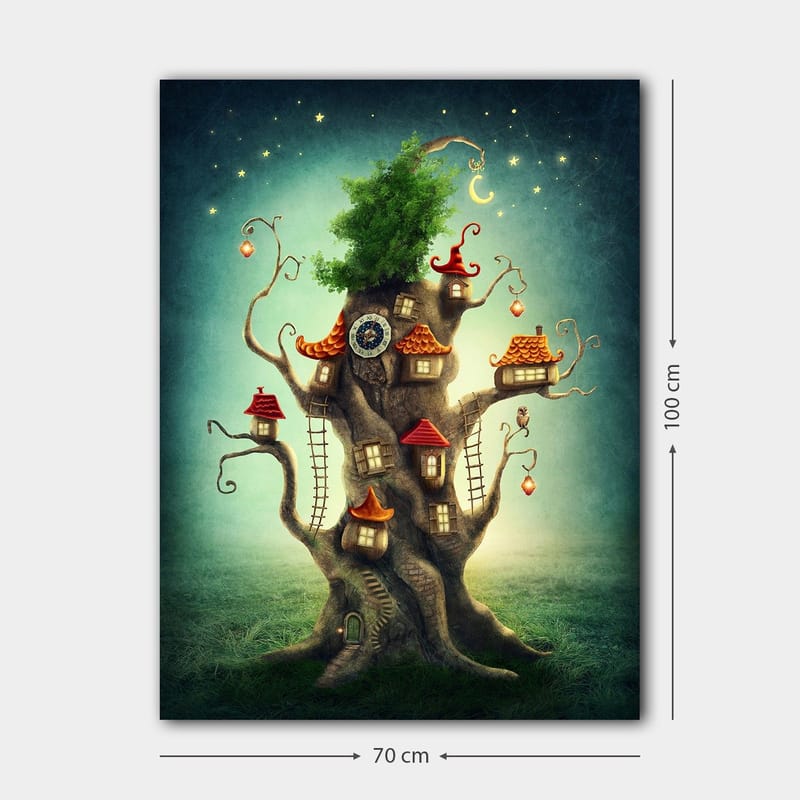 Lerretsbilde 70x100 cm - Fantasifullt trebilde med små hus og en frodig krone - Brun / Grønn / Rød - Innredning - Bilder & kunst - Lerretsbilder