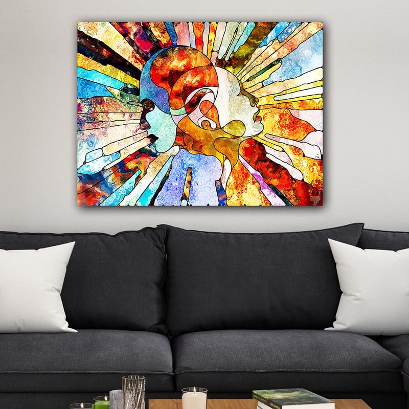 Lerretsbilde 70x100 cm - Fargerik abstrakt fremstilling av to ansikter som symboliserer samhørighet og kommunikasjon - Rød / Blå / Oransje - Innredning - Bilder & kunst - Lerretsbilder