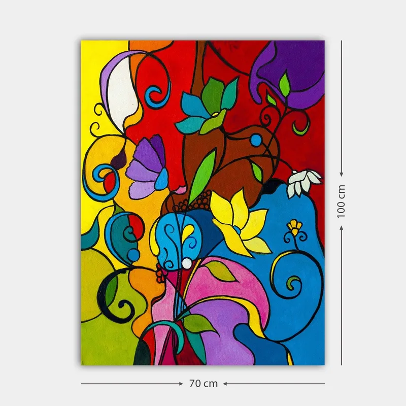 Lerretsbilde 70x100 cm - Fargerik abstrakt komposisjon med blomster og skriftruller som skaper en levende atmosfære - Rød / Blå / Gul - Innredning - Bilder & kunst - Lerretsbilder