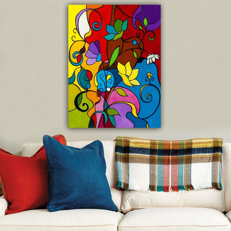 Lerretsbilde 70x100 cm - Fargerik abstrakt komposisjon med blomster og skriftruller som skaper en levende atmosfære - Rød / Blå / Gul - Innredning - Bilder & kunst - Lerretsbilder