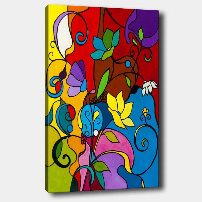 Lerretsbilde 70x100 cm - Fargerik abstrakt komposisjon med blomster og skriftruller som skaper en levende atmosfære, Rød / Blå / Gul
