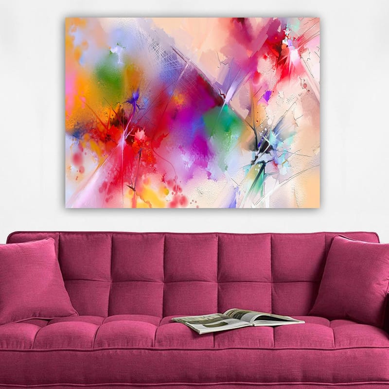 Lerretsbilde 70x100 cm - Fargerik abstrakt komposisjon med dynamiske former og livlige farger - Rød / Lilla / Grønn - Innredning - Bilder & kunst - Lerretsbilder