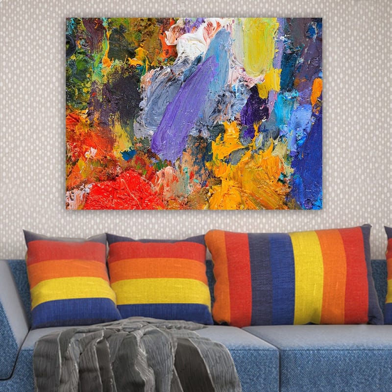 Lerretsbilde 70x100 cm - Fargerik abstrakt komposisjon med dynamiske penselstrøk og livlige fargetoner - Lilla / Oransje / Rød - Innredning - Bilder & kunst - Lerretsbilder