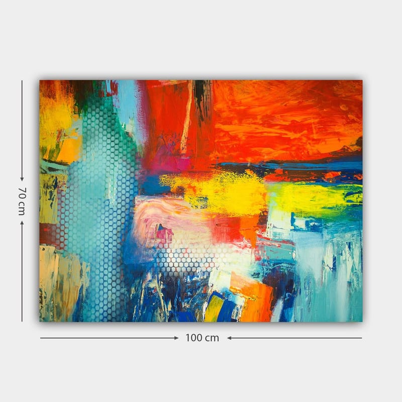 Lerretsbilde 70x100 cm - Fargerik abstrakt komposisjon med elementer av rødt, blått og gult som skaper en dynamisk følelse - Rød / Blå / Gul - Innredning - Bilder & kunst - Lerretsbilder