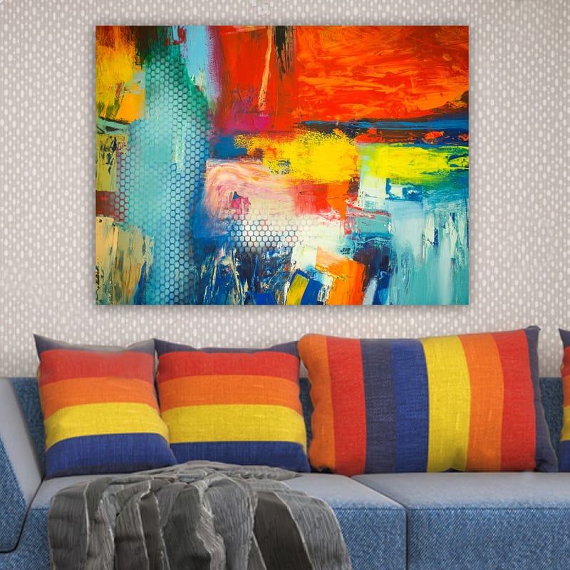 Lerretsbilde 70x100 cm - Fargerik abstrakt komposisjon med elementer av rødt, blått og gult som skaper en dynamisk følelse - Rød / Blå / Gul - Innredning - Bilder & kunst - Lerretsbilder