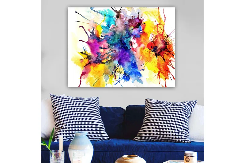 Lerretsbilde 70x100 cm - Fargerik abstrakt kunst med sprutende akvarellmaling som skaper en dynamisk og levende komposisjon - Blå / Rød / Gul - Innredning - Bilder & kunst - Lerretsbilder
