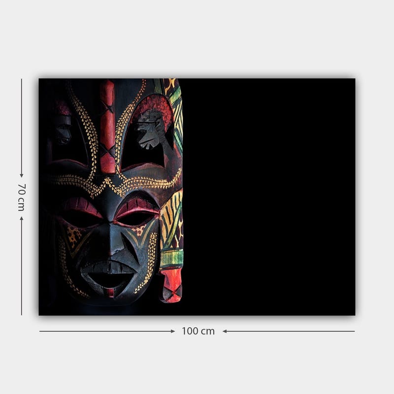 Lerretsbilde 70x100 cm - Fargerik afrikansk maske med detaljerte mønstre og uttrykksfulle trekk - Svart / Rød / Grønn - Innredning - Bilder & kunst - Lerretsbilder