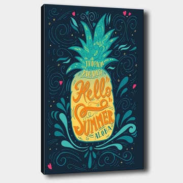 Lerretsbilde 70x100 cm - Fargerik ananas med teksten Hello Summer som fremhever en tropisk følelse - Grønn / Gul / Blå - Innredning - Bilder & kunst - Lerretsbilder