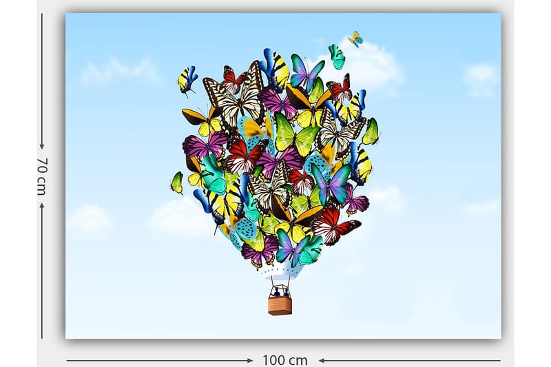 Lerretsbilde 70x100 cm - Fargerik ballong fylt med forskjellige sommerfugler som svever mot en klar himmel - Grønn / Blå / Gul - Innredning - Bilder & kunst - Lerretsbilder