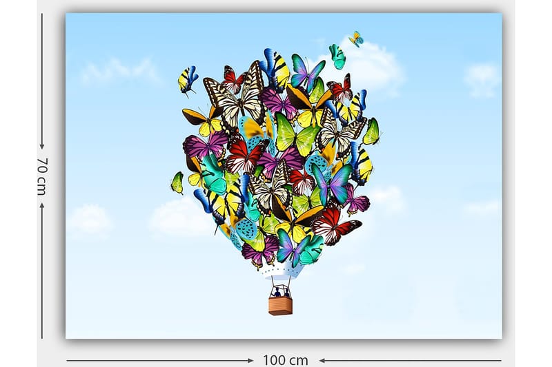 Lerretsbilde 70x100 cm - Fargerik ballong fylt med forskjellige sommerfugler som svever mot en klar himmel - Grønn / Blå / Gul - Innredning - Bilder & kunst - Lerretsbilder