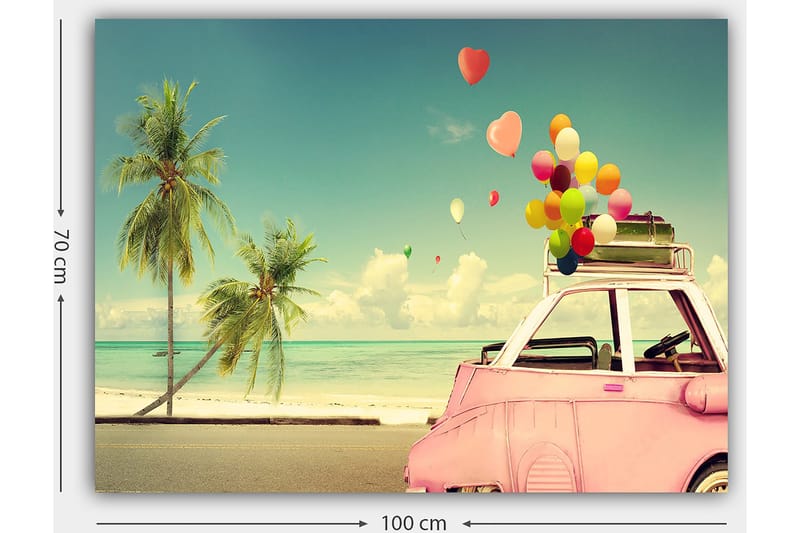 Lerretsbilde 70x100 cm - Fargerik bil med ballonger på taket, omgitt av palmer og hav, som gir en følelse av sommer og glede - Rosa / Grønn / Gul - Innredning - Bilder & kunst - Lerretsbilder
