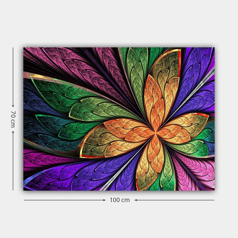 Lerretsbilde 70x100 cm - Fargerik blomst med detaljerte blader i forskjellige nyanser - Grønn / Oransje / Lilla - Innredning - Bilder & kunst - Lerretsbilder
