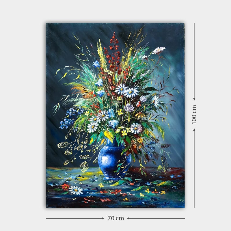 Lerretsbilde 70x100 cm - Fargerik blomsterbukett i en blå vase - Blå / Grønn / Hvit - Innredning - Bilder & kunst - Lerretsbilder
