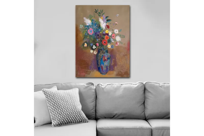 Lerretsbilde 70x100 cm - Fargerik blomsterbukett i en blå vase, Blå / Rosa / Grønn