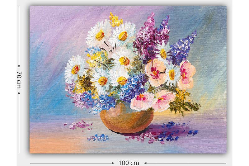 Lerretsbilde 70x100 cm - Fargerik blomsterbukett i en keramisk bolle - Hvit / Lilla / Rosa - Innredning - Bilder & kunst - Lerretsbilder