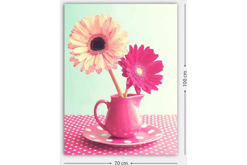 Lerretsbilde 70x100 cm - Fargerik blomsterbukett i en rosa mugge - Rosa / Gul / Grønn - Innredning - Bilder & kunst - Lerretsbilder