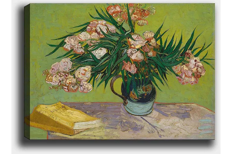 Lerretsbilde 70x100 cm - Fargerik blomsterbukett i en vase på et bord - Grønn / Rosa / Gul - Innredning - Bilder & kunst - Lerretsbilder