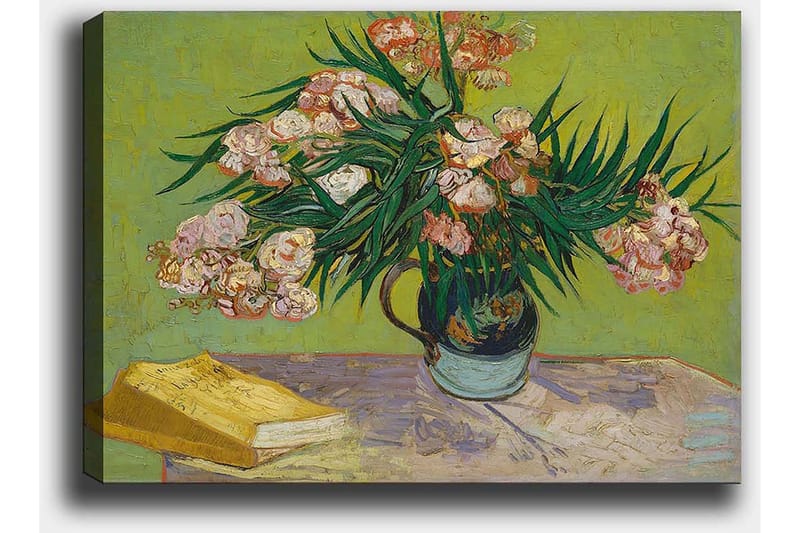 Lerretsbilde 70x100 cm - Fargerik blomsterbukett i en vase på et bord - Grønn / Rosa / Gul - Innredning - Bilder & kunst - Lerretsbilder