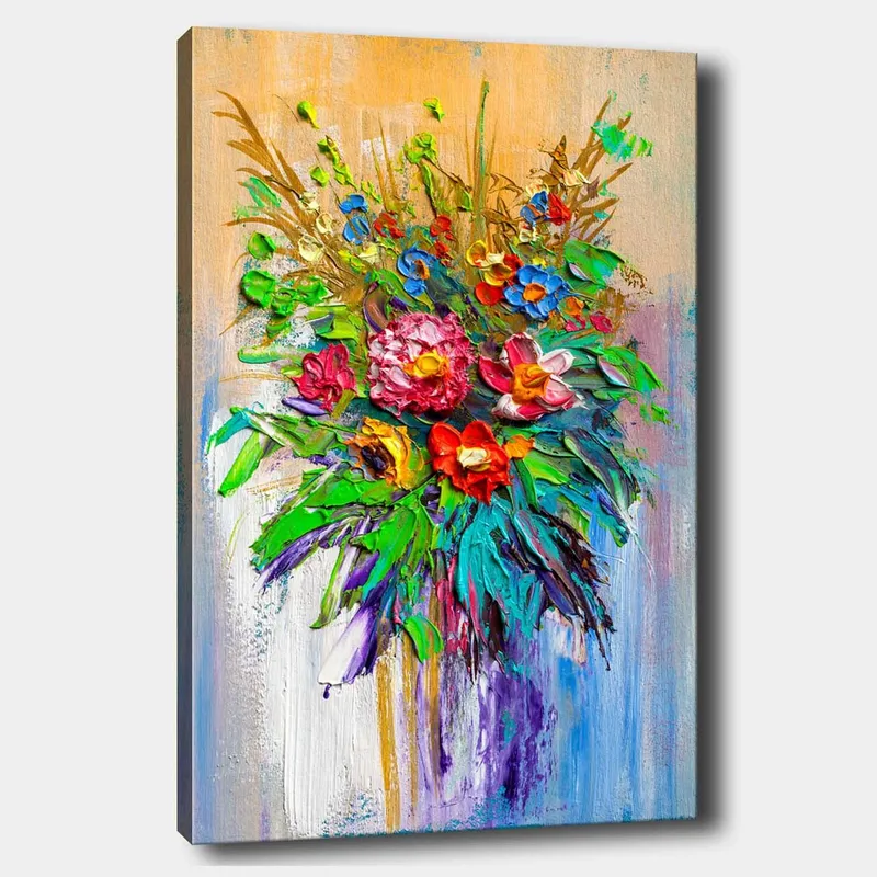 Lerretsbilde 70x100 cm - Fargerik blomsterbukett i forskjellige former og nyanser, Gr ønn / Rød / Lilla