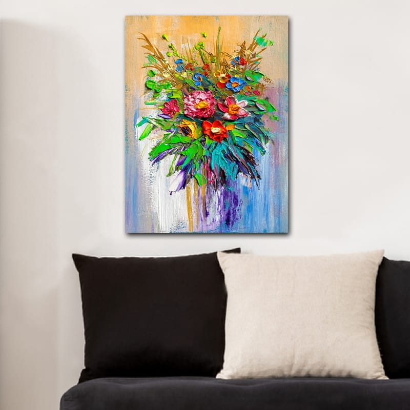 Lerretsbilde 70x100 cm - Fargerik blomsterbukett i forskjellige former og nyanser - Grønn / Rød / Lilla - Innredning - Bilder & kunst - Lerretsbilder