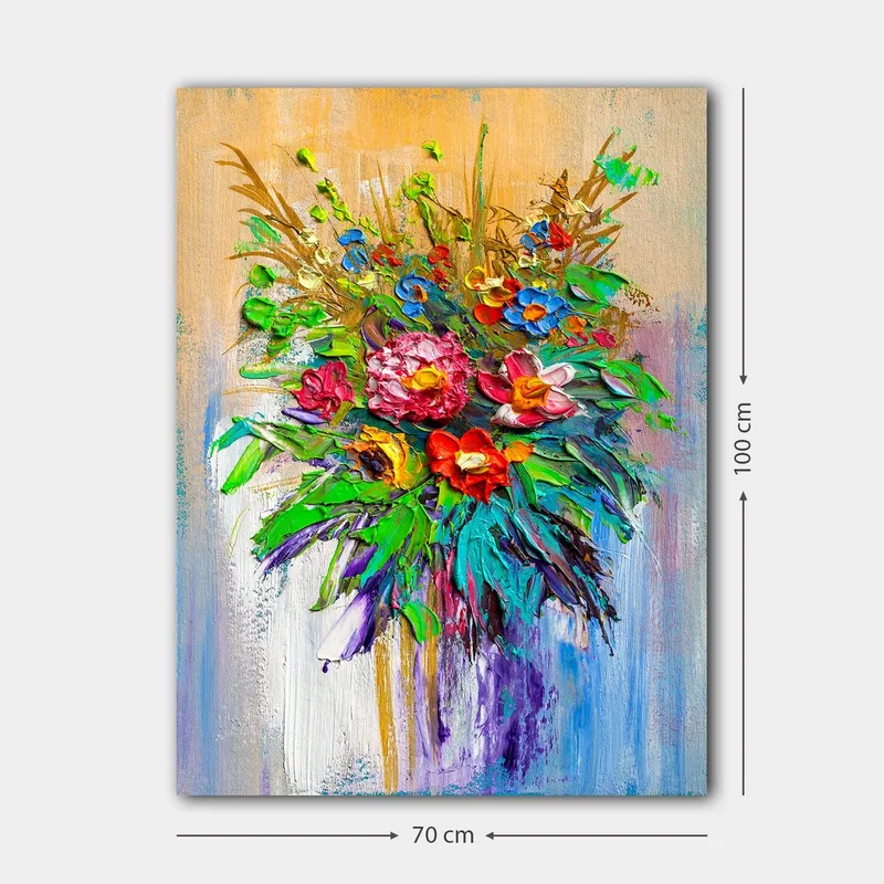 Lerretsbilde 70x100 cm - Fargerik blomsterbukett i forskjellige former og nyanser - Grønn / Rød / Lilla - Innredning - Bilder & kunst - Lerretsbilder