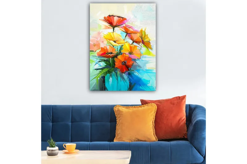 Lerretsbilde 70x100 cm - Fargerik blomsterbukett i forskjellige nyanser av oransje og gult - Oransje / Gul / Grønn - Innredning - Bilder & kunst - Lerretsbilder