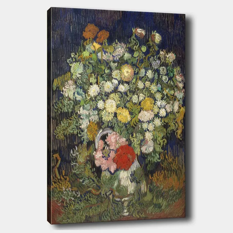 Lerretsbilde 70x100 cm - Fargerik blomsterbukett i vase, Grønn / Gul / Rød