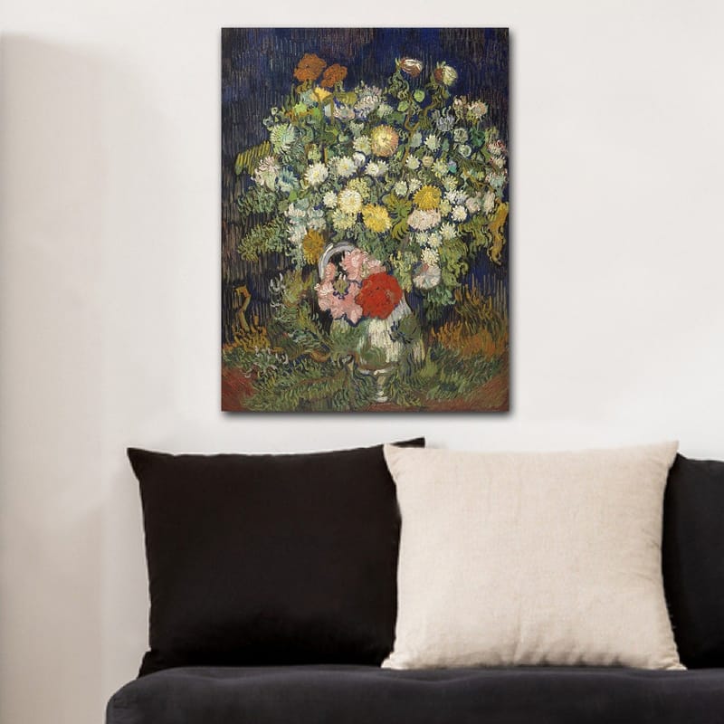 Lerretsbilde 70x100 cm - Fargerik blomsterbukett i vase - Grønn / Gul / Rød - Innredning - Bilder & kunst - Lerretsbilder