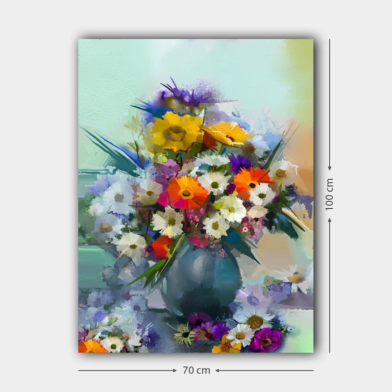 Lerretsbilde 70x100 cm - Fargerik blomsterbukett i vase - Gul / Oransje / Lilla - Innredning - Bilder & kunst - Lerretsbilder