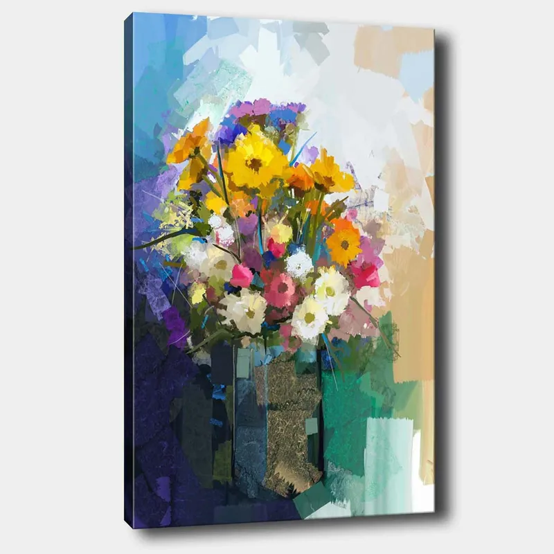 Lerretsbilde 70x100 cm - Fargerik blomsterbukett i vase, Gul / Rosa / Hvit