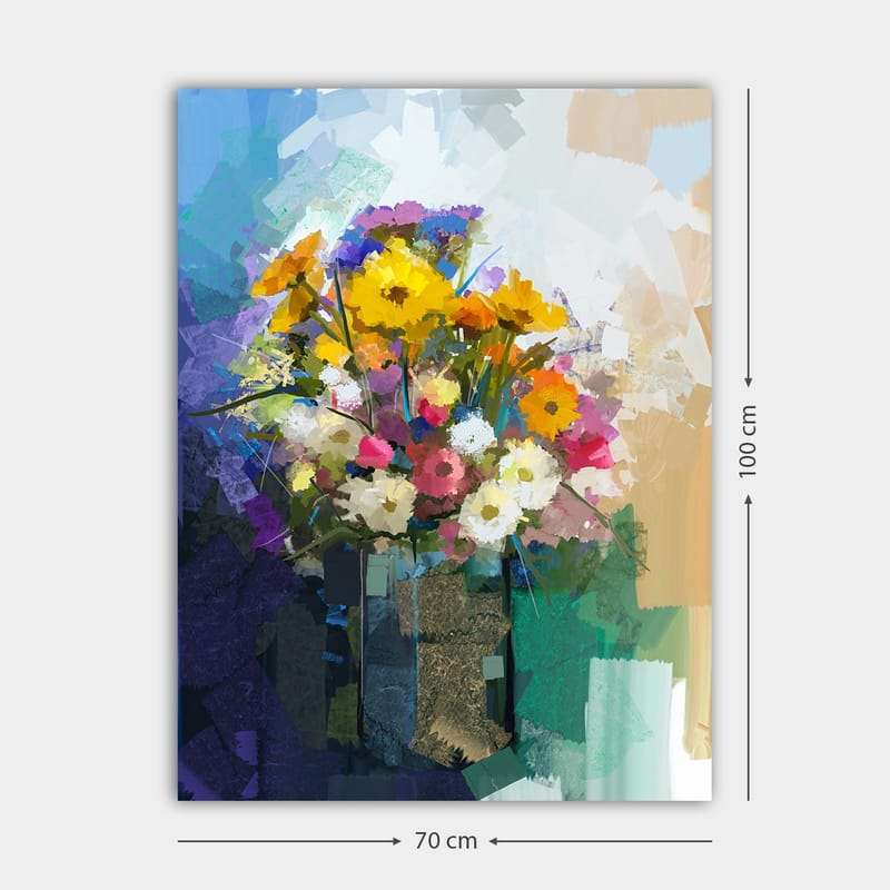 Lerretsbilde 70x100 cm - Fargerik blomsterbukett i vase - Gul / Rosa / Hvit - Innredning - Bilder & kunst - Lerretsbilder