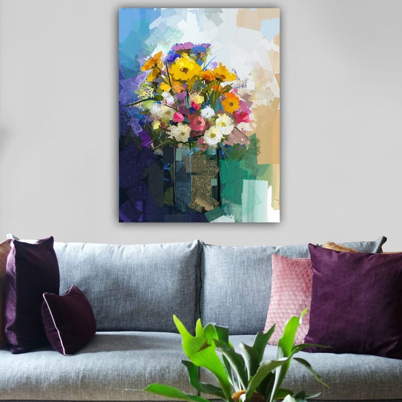 Lerretsbilde 70x100 cm - Fargerik blomsterbukett i vase - Gul / Rosa / Hvit - Innredning - Bilder & kunst - Lerretsbilder