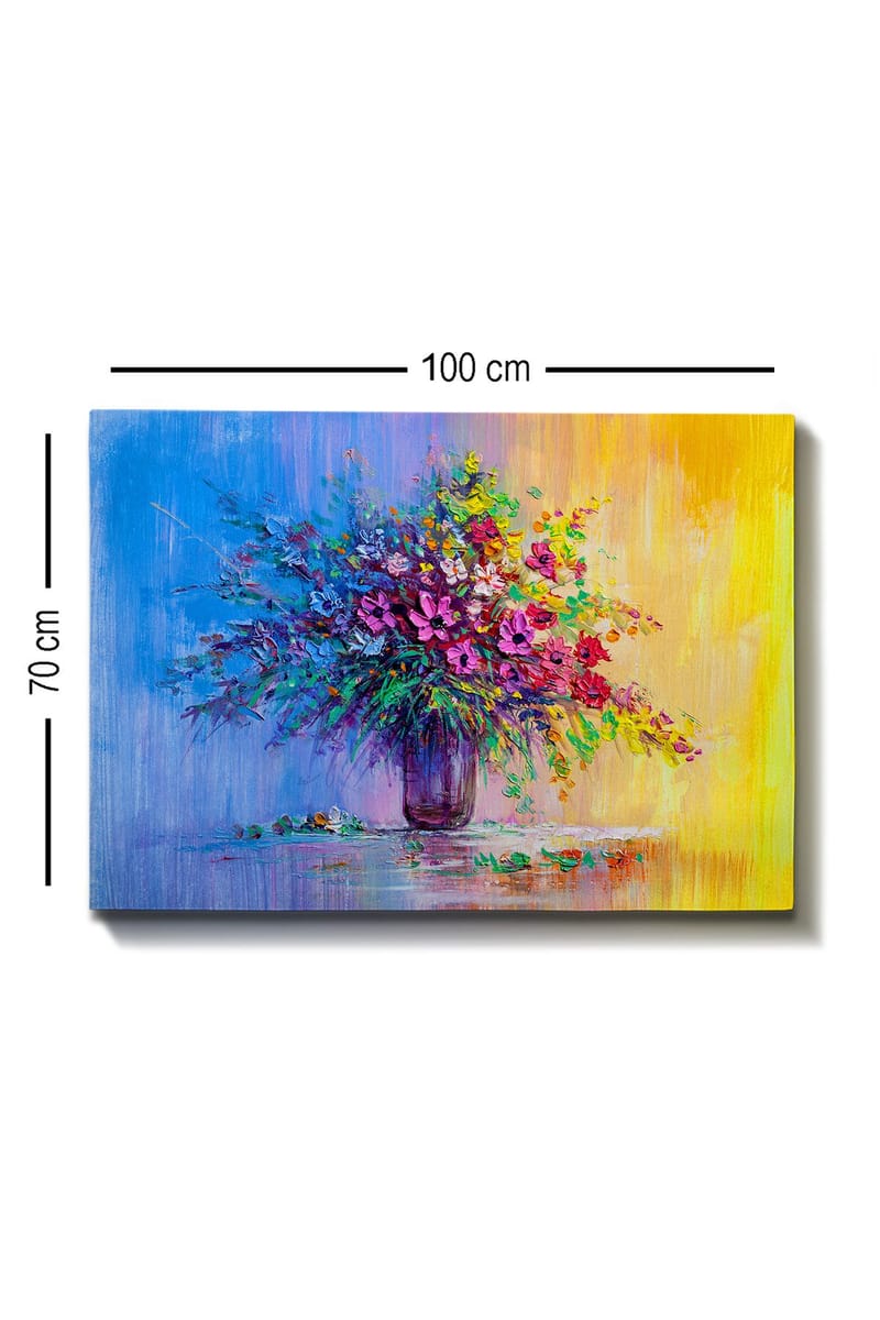 Lerretsbilde 70x100 cm - Fargerik blomsterbukett i vase - Lilla / Grønn / Gul - Innredning - Bilder & kunst - Lerretsbilder