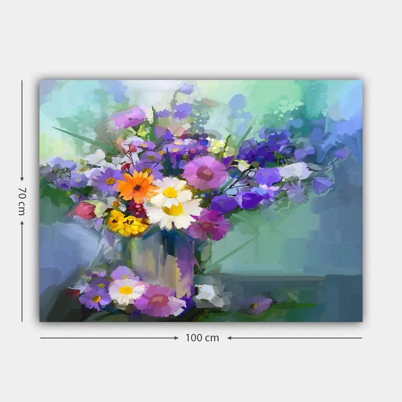 Lerretsbilde 70x100 cm - Fargerik blomsterbukett i vase - Lilla / Gul / Hvit - Innredning - Bilder & kunst - Lerretsbilder
