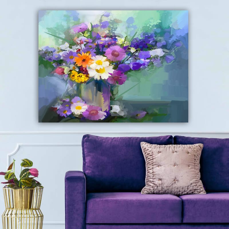 Lerretsbilde 70x100 cm - Fargerik blomsterbukett i vase - Lilla / Gul / Hvit - Innredning - Bilder & kunst - Lerretsbilder
