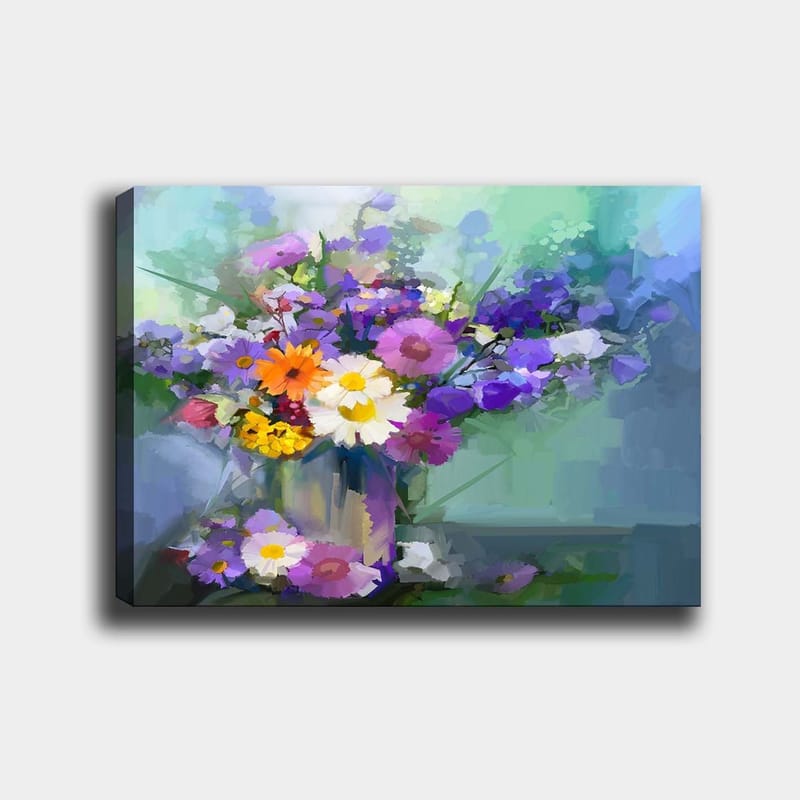 Lerretsbilde 70x100 cm - Fargerik blomsterbukett i vase, Lilla / Gul / Hvit