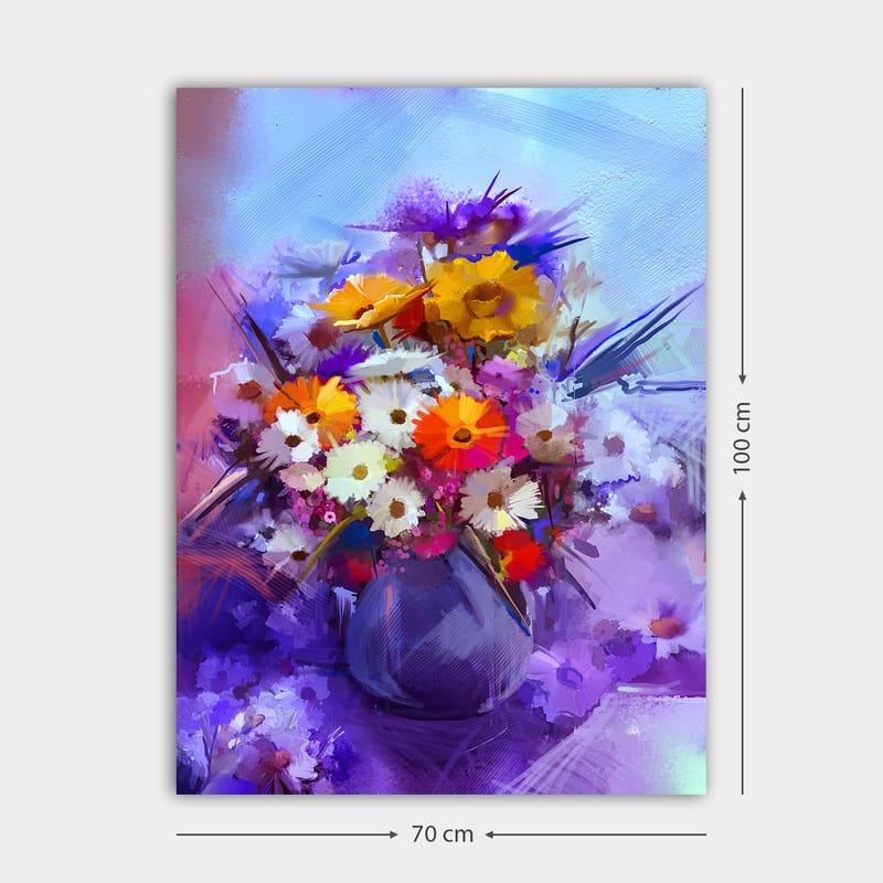 Lerretsbilde 70x100 cm - Fargerik blomsterbukett i vase - Lilla / Oransje / Hvit - Innredning - Bilder & kunst - Lerretsbilder