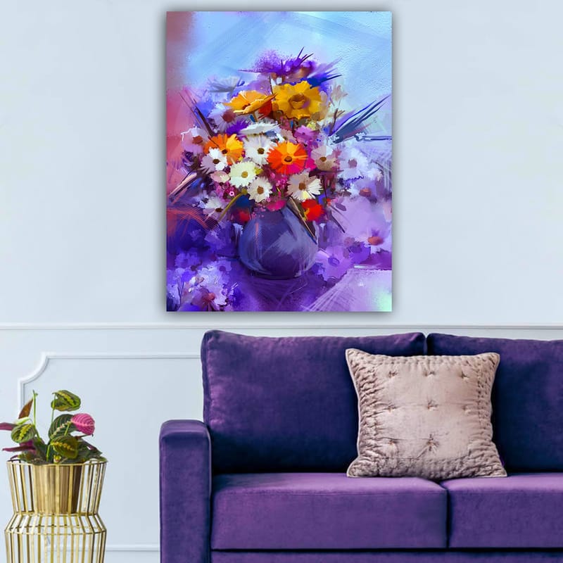 Lerretsbilde 70x100 cm - Fargerik blomsterbukett i vase - Lilla / Oransje / Hvit - Innredning - Bilder & kunst - Lerretsbilder