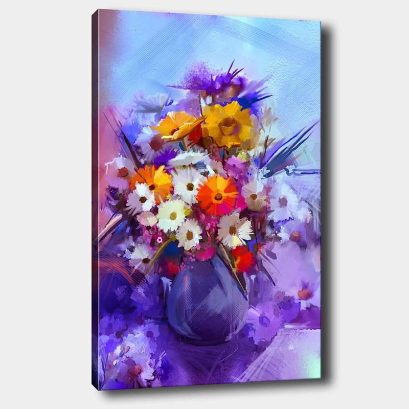 Lerretsbilde 70x100 cm - Fargerik blomsterbukett i vase - Lilla / Oransje / Hvit - Innredning - Bilder & kunst - Lerretsbilder