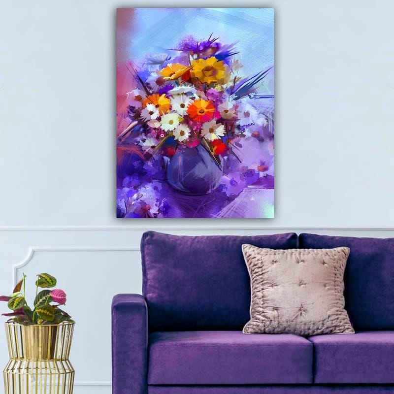 Lerretsbilde 70x100 cm - Fargerik blomsterbukett i vase - Lilla / Oransje / Hvit - Innredning - Bilder & kunst - Lerretsbilder