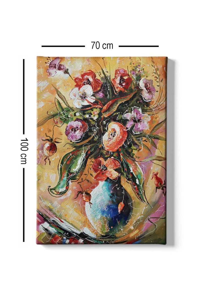 Lerretsbilde 70x100 cm - Fargerik blomsterbukett i vase - Rød / Grønn / Lilla - Innredning - Bilder & kunst - Lerretsbilder