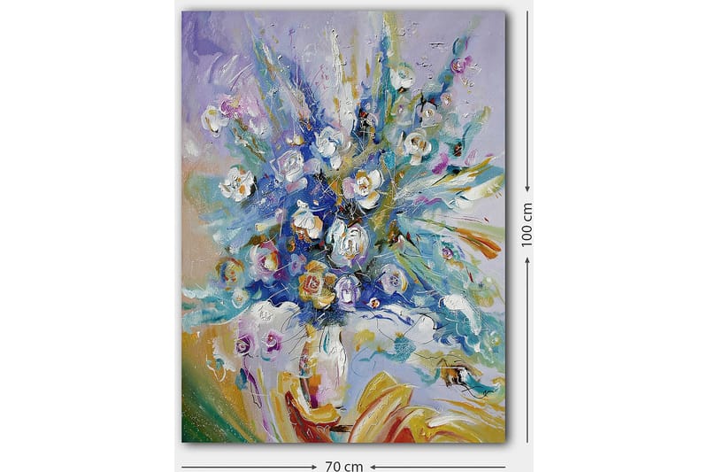 Lerretsbilde 70x100 cm - Fargerik blomsterbukett med en dynamisk komposisjon - Blå / Grønn / Hvit - Innredning - Bilder & kunst - Lerretsbilder