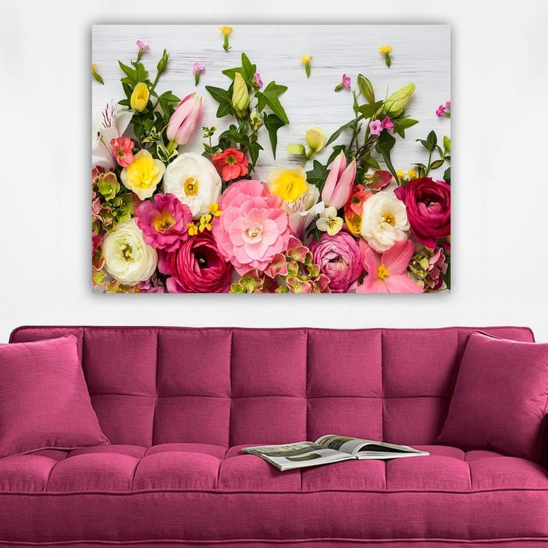 Lerretsbilde 70x100 cm - Fargerik blomsterbukett med forskjellige former og nyanser - Rosa / Hvit / Gul - Innredning - Bilder & kunst - Lerretsbilder