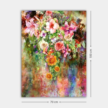 Lerretsbilde 70x100 cm - Fargerik blomsterbukett med forskjellige varianter og nyanser - Rosa / Grønn / Oransje - Innredning - Bilder & kunst - Lerretsbilder