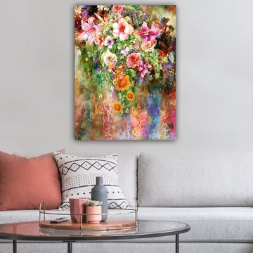 Lerretsbilde 70x100 cm - Fargerik blomsterbukett med forskjellige varianter og nyanser - Rosa / Grønn / Oransje - Innredning - Bilder & kunst - Lerretsbilder