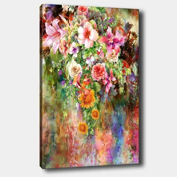 Lerretsbilde 70x100 cm - Fargerik blomsterbukett med forskjellige varianter og nyanser - Rosa / Grønn / Oransje - Innredning - Bilder & kunst - Lerretsbilder